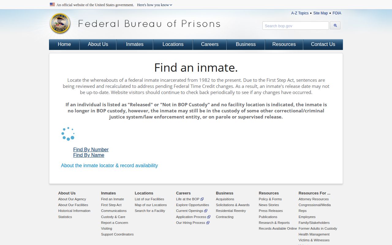 Federal Bureau of Prisons locator for a Guadalupe County federal release record